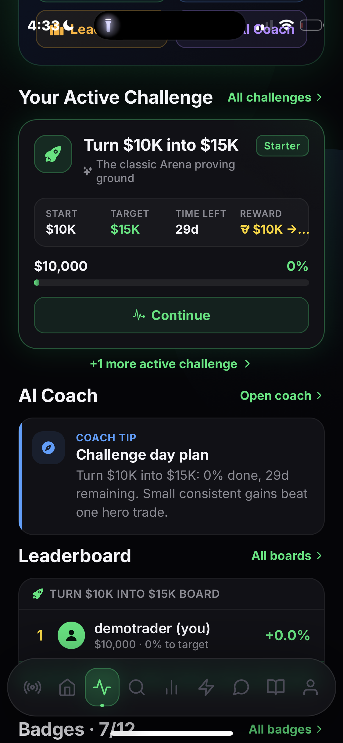 Finio Arena active challenge with AI Coach and leaderboard