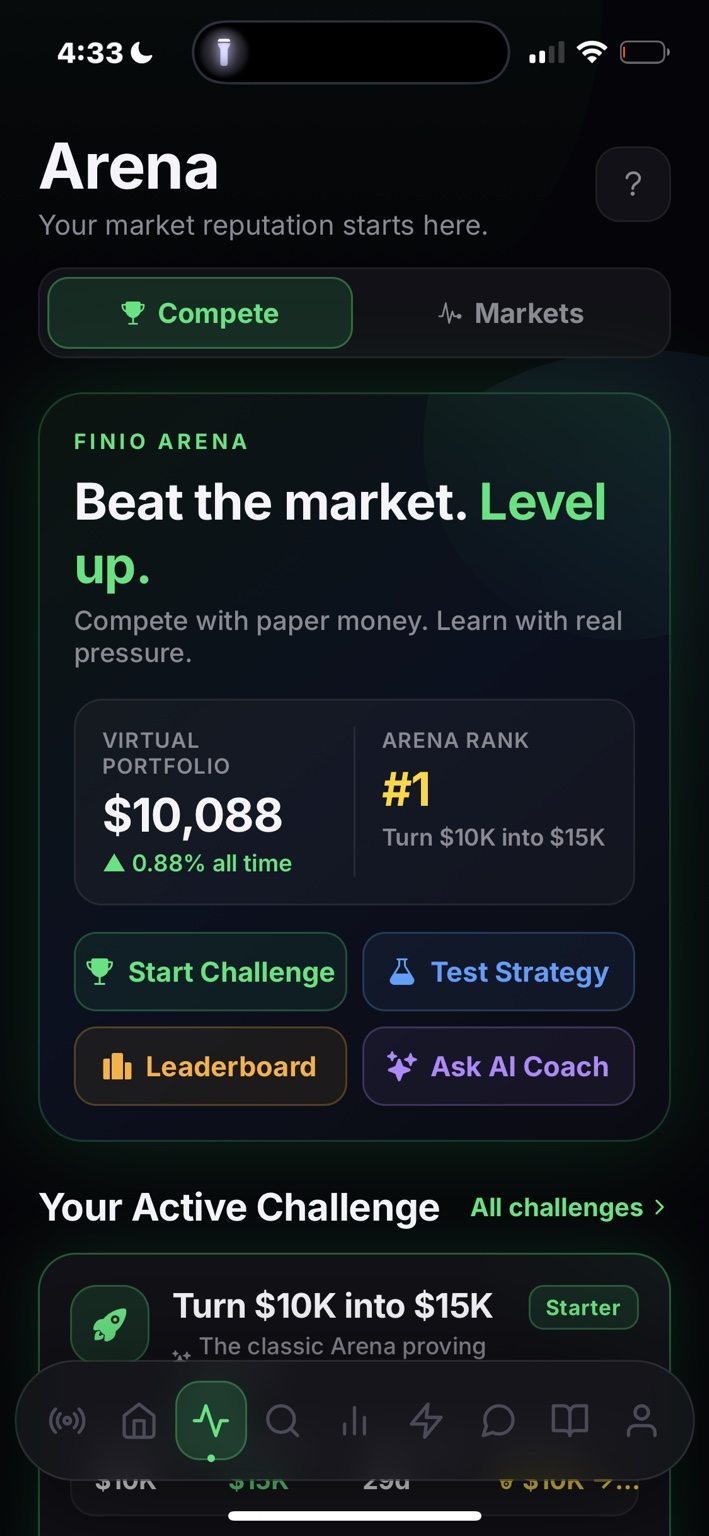 Finio Arena overview with challenge, strategy, leaderboard, and coach actions