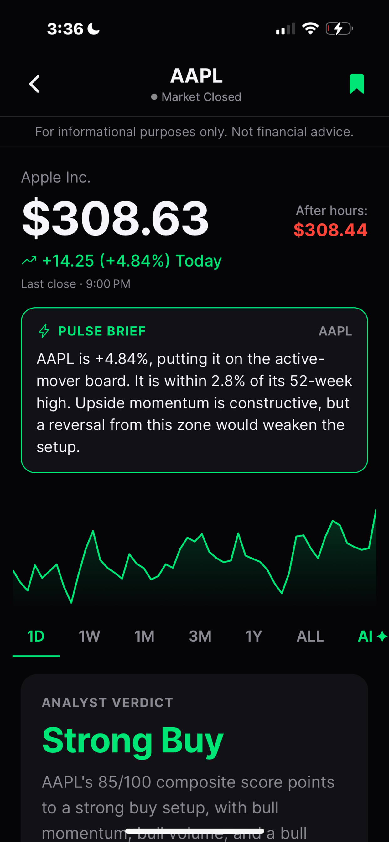 Finio stock page with chart and Pulse brief