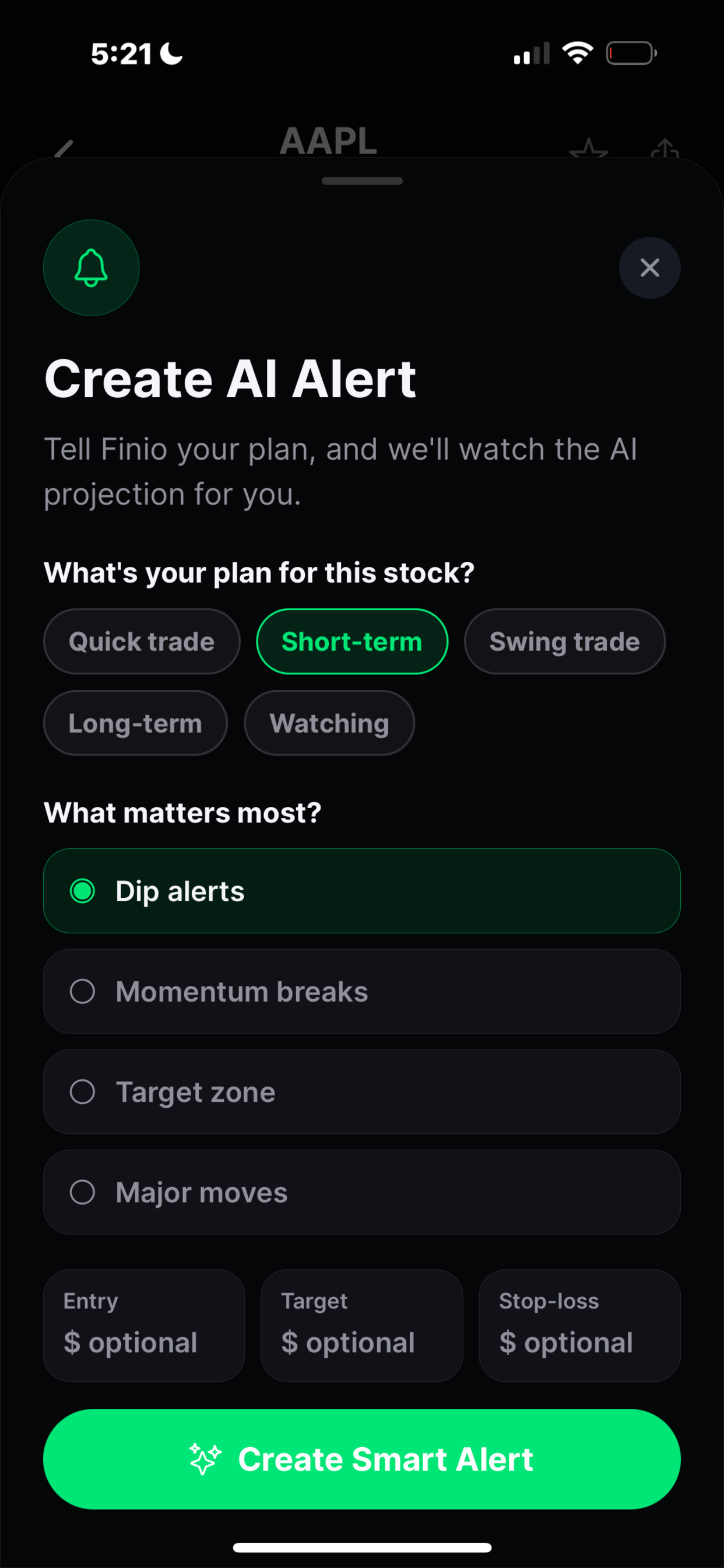 Create AI Alert — tell Finio your plan and it watches the AI projection