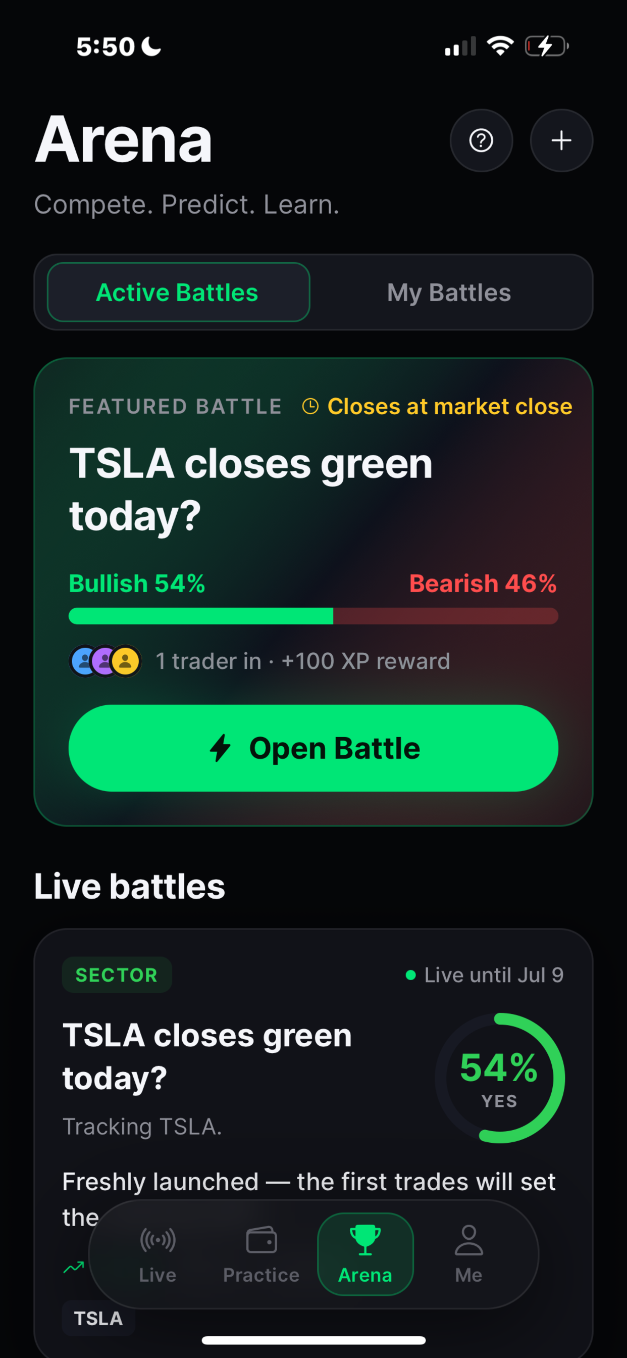 Finio Arena — Featured Battle with Bullish/Bearish prediction and Live battles