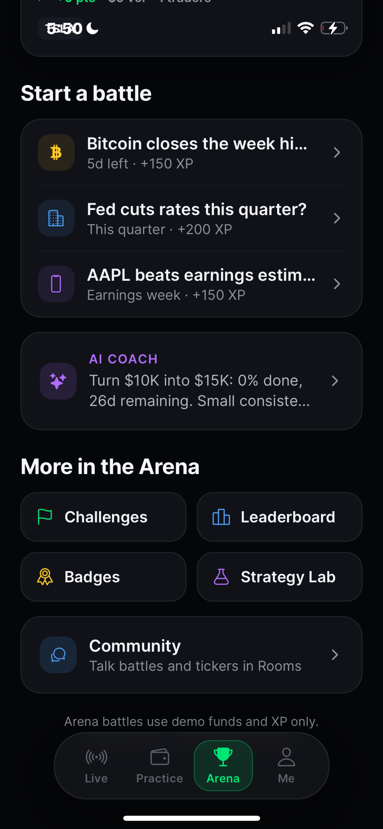 Finio Arena — Start a Battle, AI Coach, Challenges, Leaderboard, Badges
