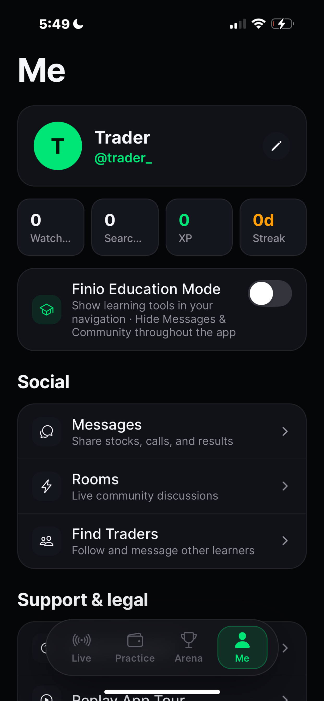 Finio Me tab — Education Mode toggle, stats, and Social section
