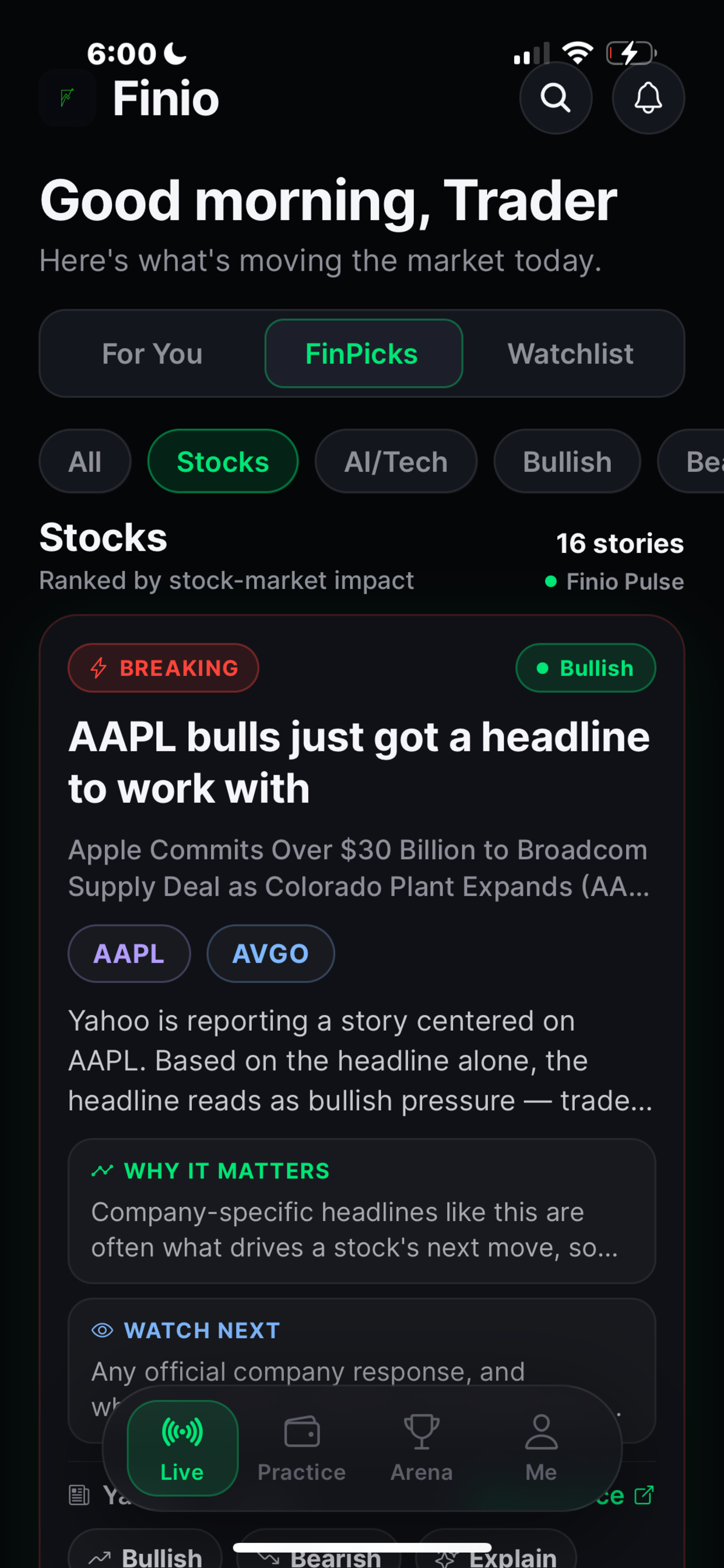 Finio FinPicks — AI-curated news with WHY IT MATTERS and WATCH NEXT