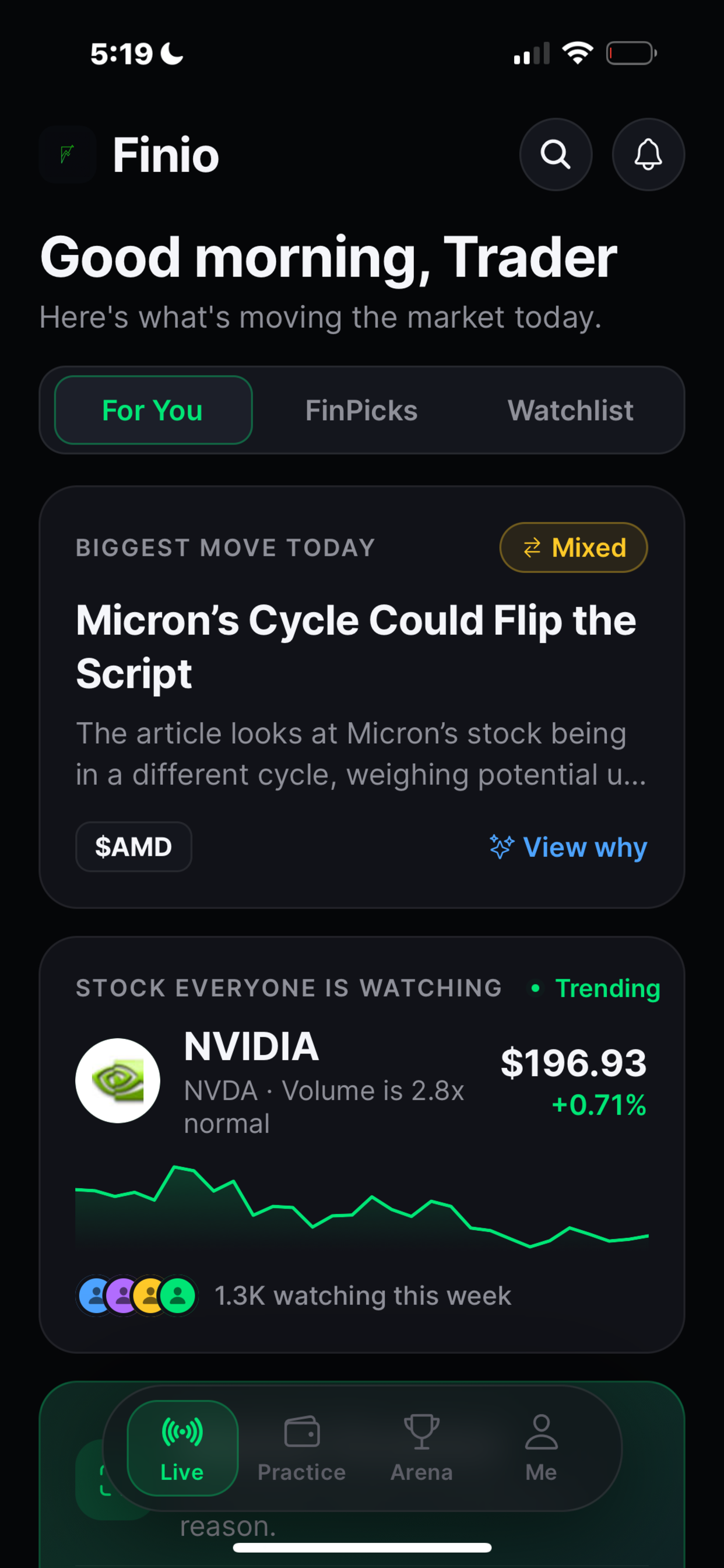 Finio Live tab — FinPicks, Market Scanner, and Daily Call