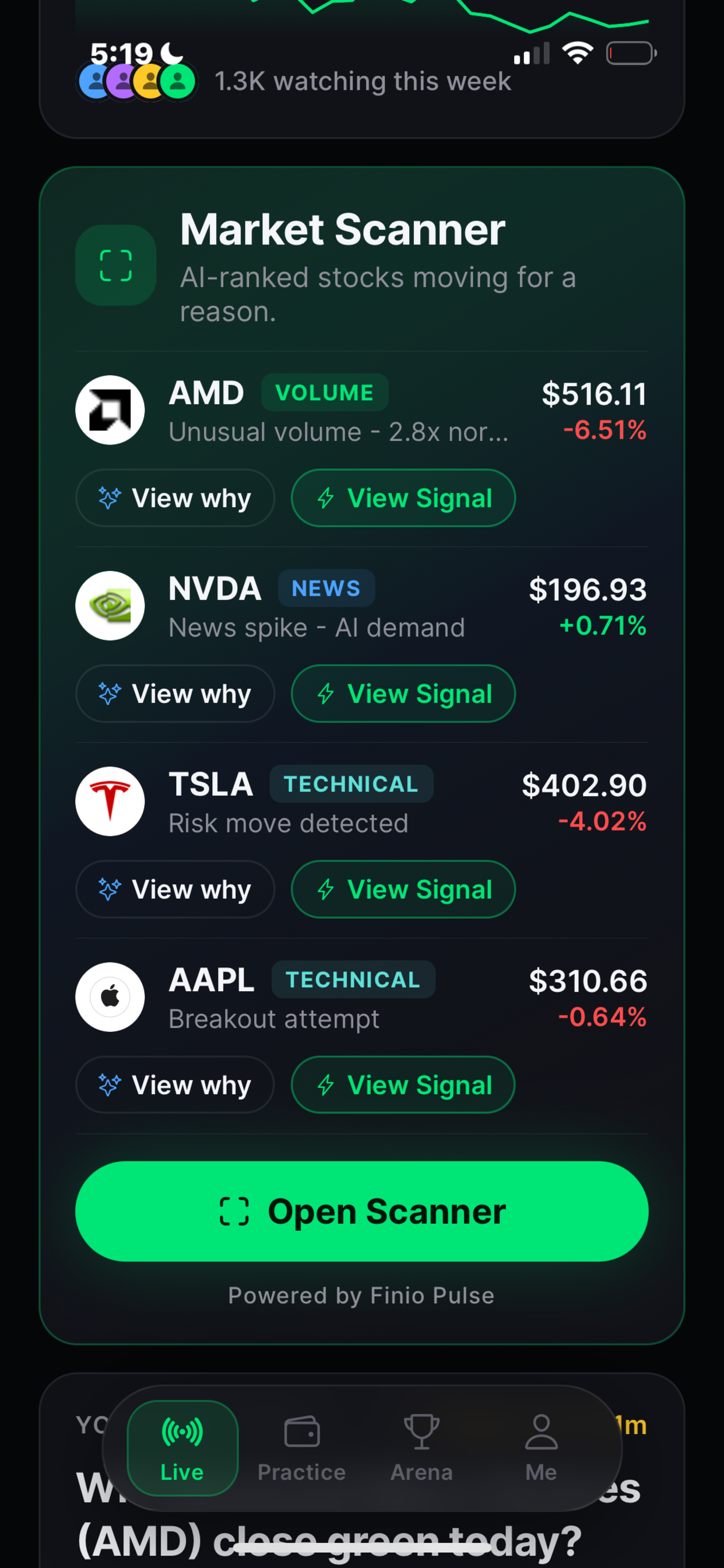 Finio Market Scanner — AI-ranked stocks with View why and View Signal