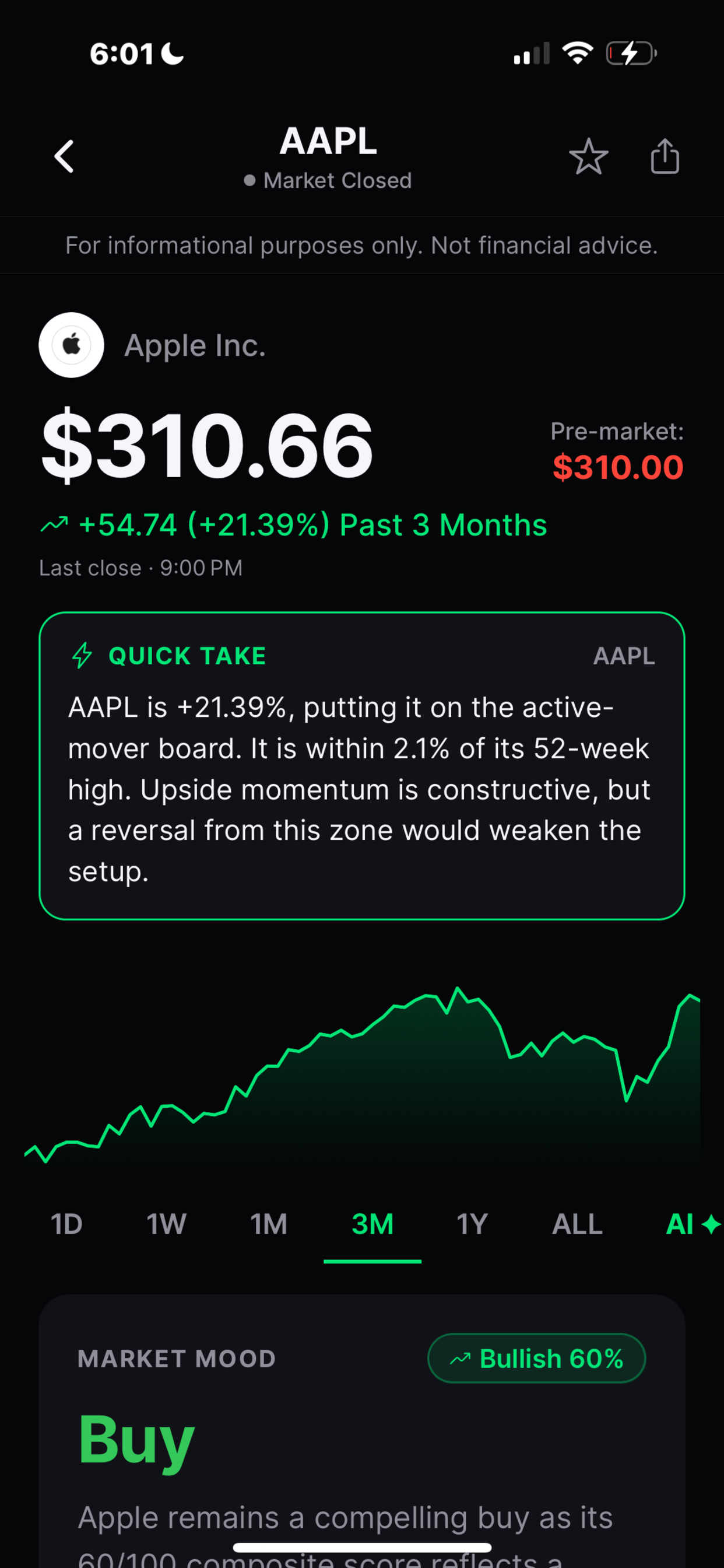 Finio stock detail — AAPL Quick Take, chart, Market Mood, and AI Projection