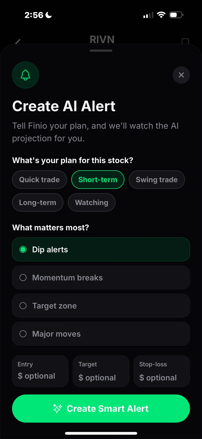 Create AI Alert — tell Finio your plan and it watches the AI projection