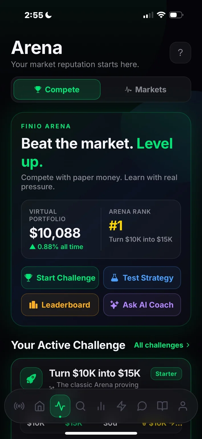 Finio Arena Compete — virtual portfolio, rank, and challenges