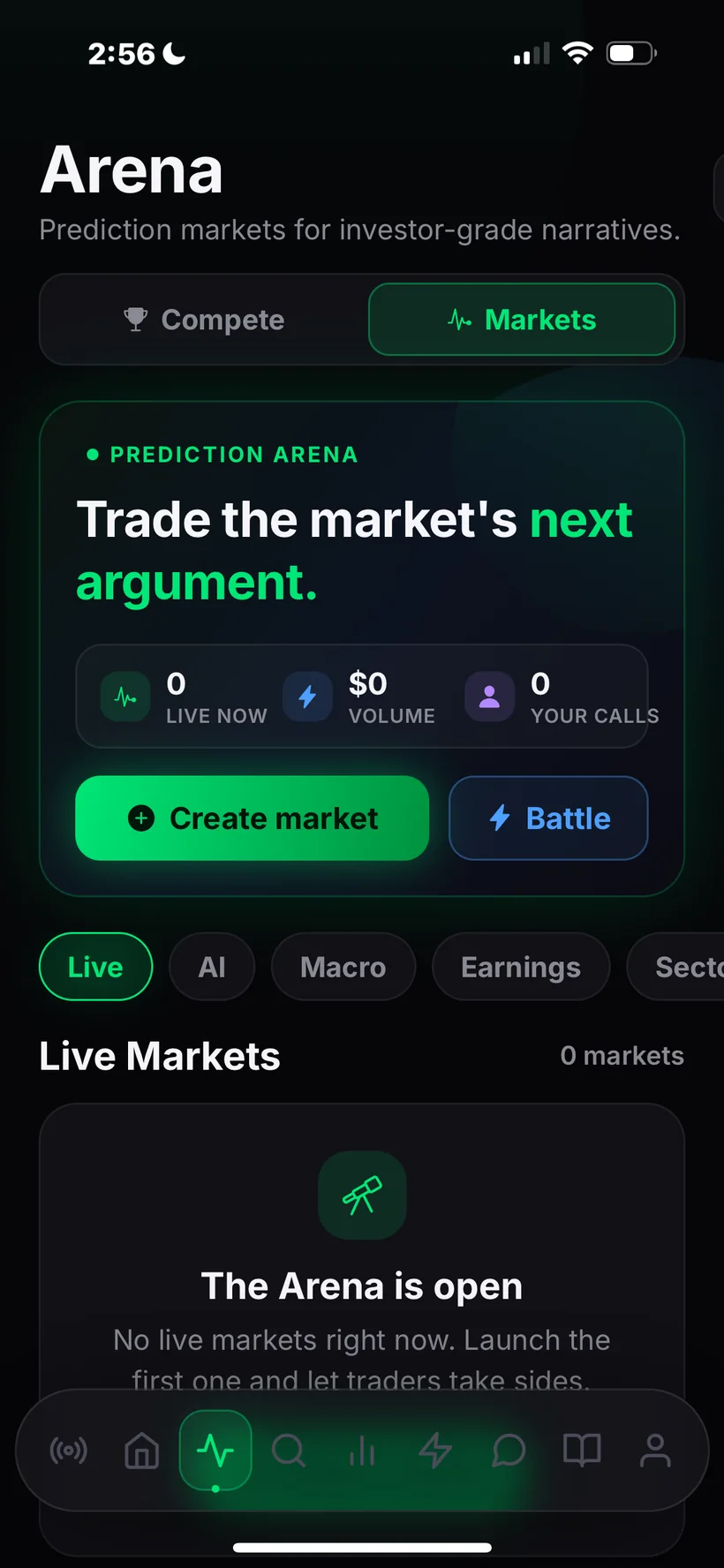 Finio Arena Markets — prediction markets for investor-grade narratives