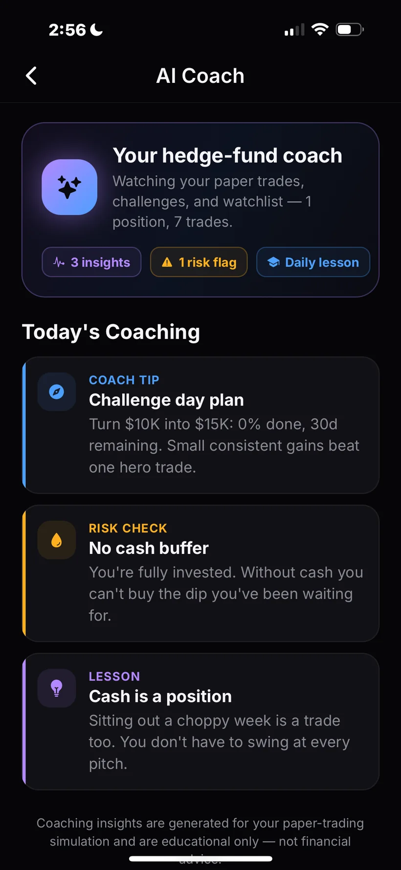 Finio AI Coach — insights, risk flags, and daily lessons