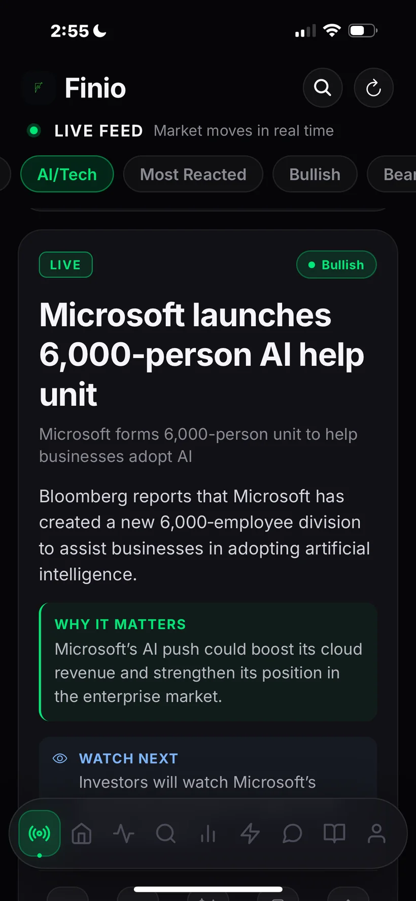 Finio Live Feed — real-time market stories with AI context