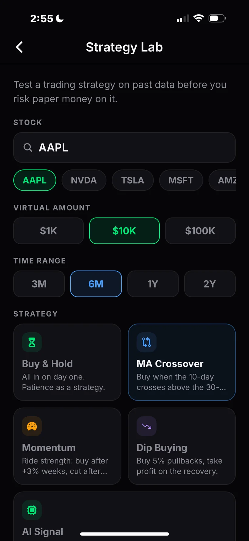 Strategy Lab setup — choose stock, virtual amount, time range, and strategy
