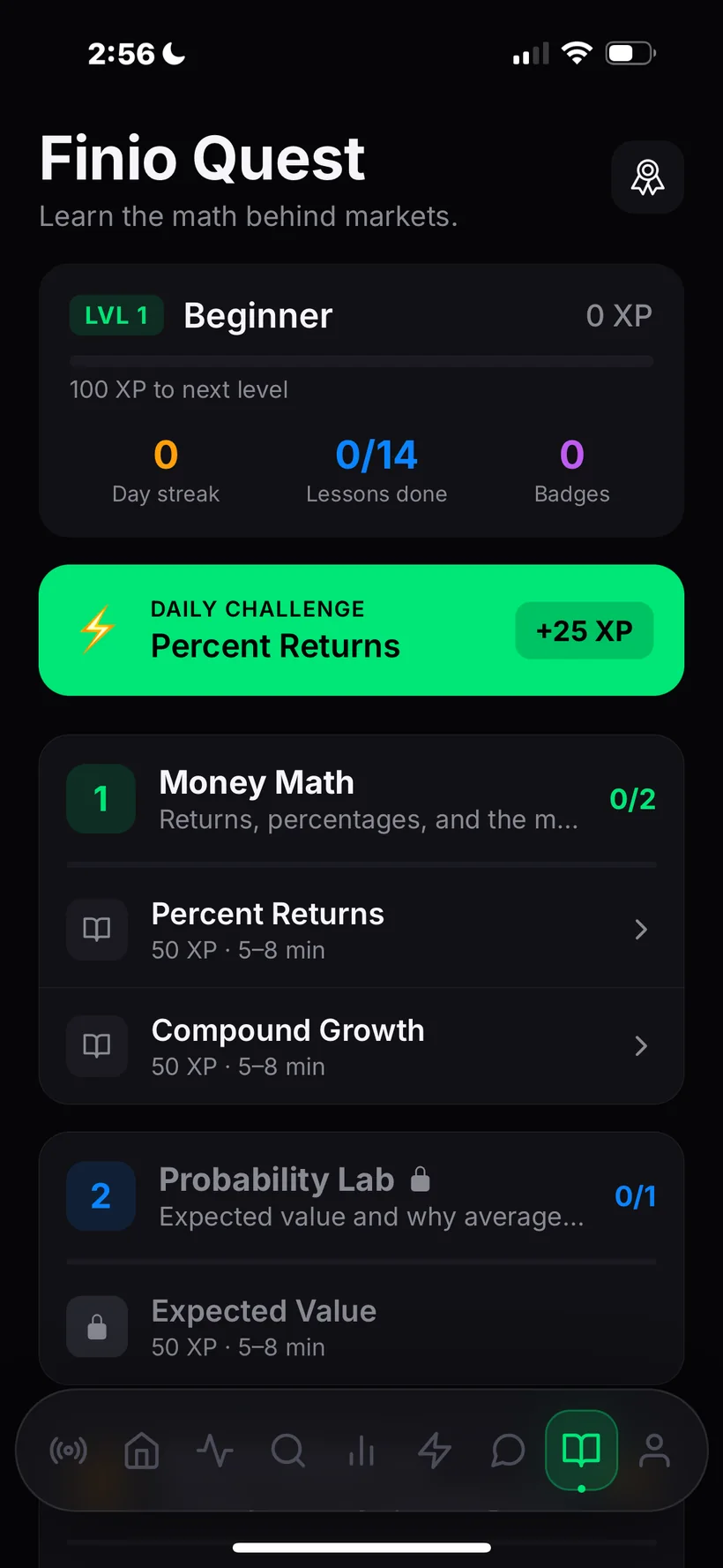 Finio Quest — leveling, XP, daily challenges, and lesson modules