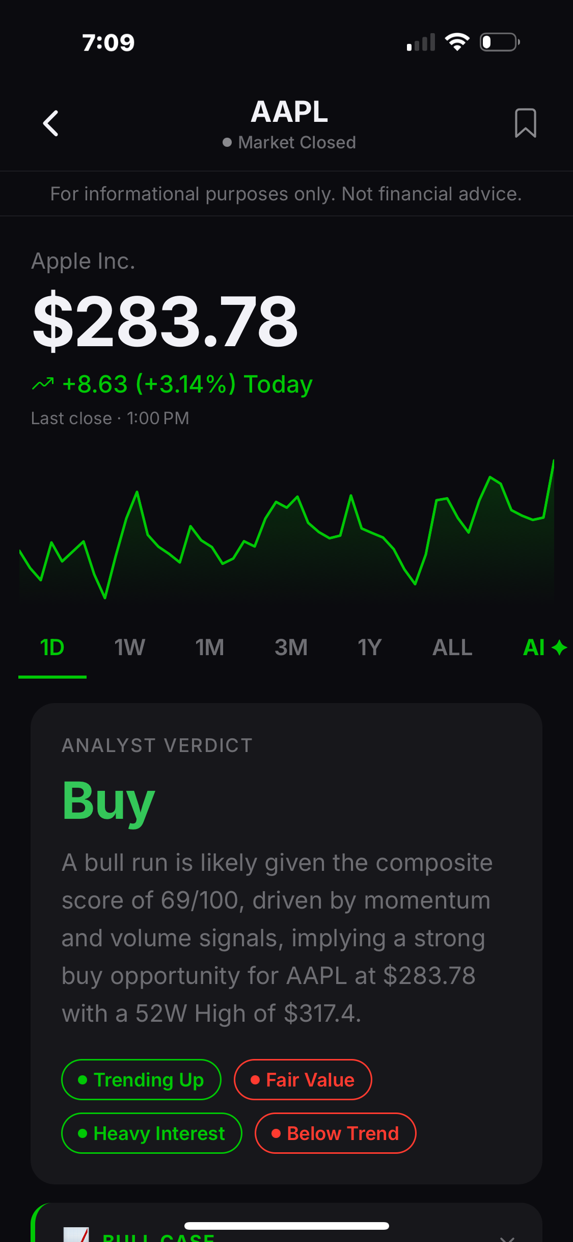 Finio stock detail and AI verdict screen